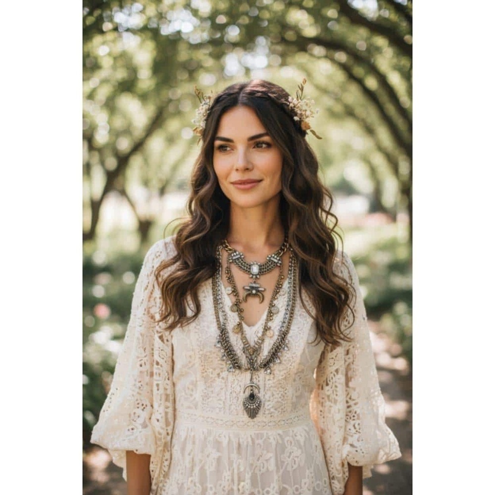 Celestial Moon Layered Statement‎ Necklace Metal Rhinestone Vintage Bohemian